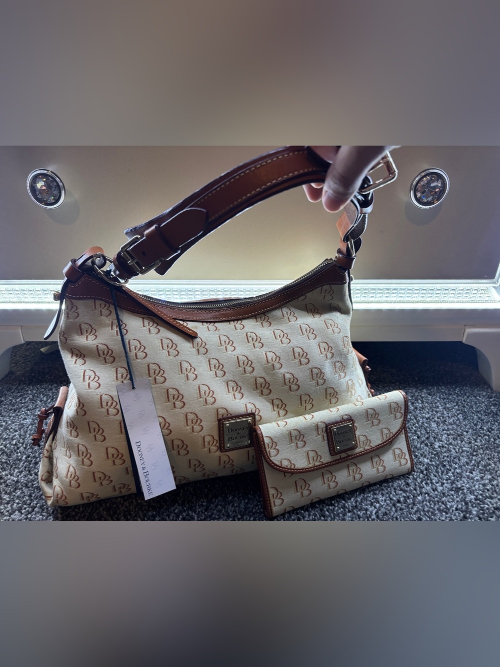 Y2K Dooney & Bourke Beige Signature Canvas Shoulder Bag with Wristlet